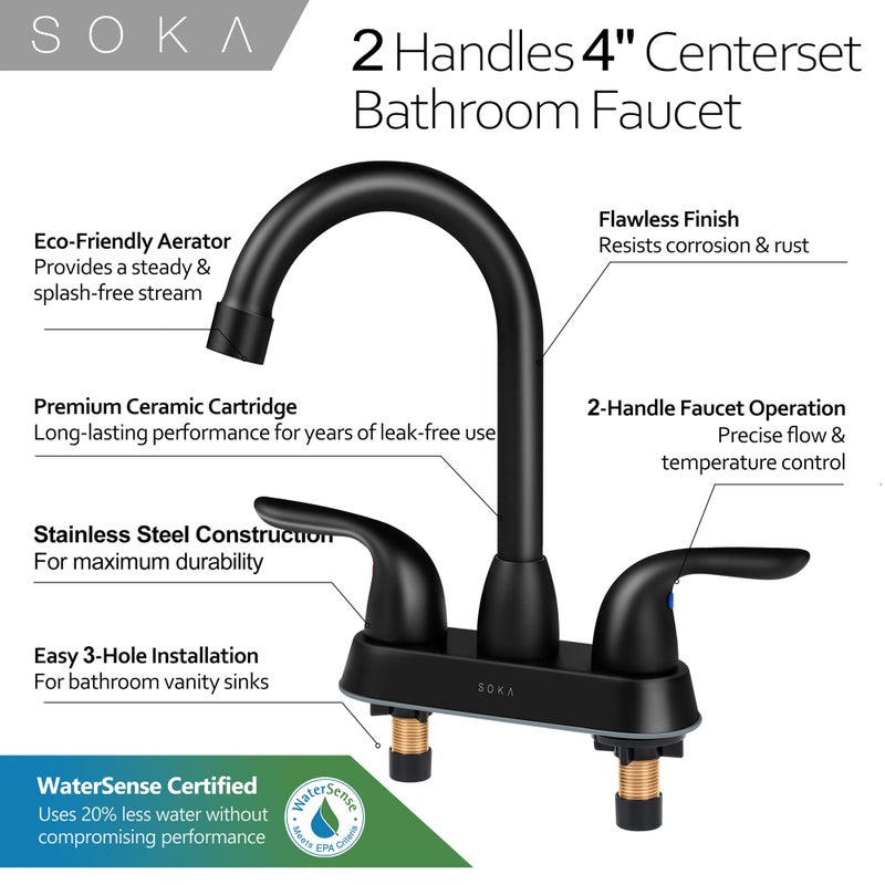 SOKA 2 Handle Bathroom Faucet Black, 4 Inch Black Bathroom Sink Faucet Centerset with Lift Rod Drain Stopper and Supply Hoses, RV Bathroom Faucet 3 Holes, Matte Black Bathroom Faucet - Image 4